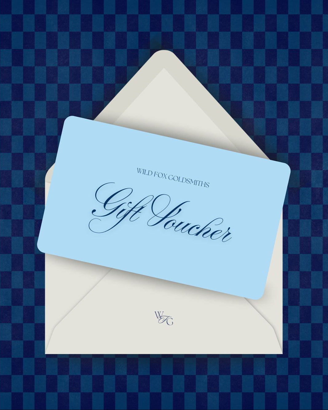 Digital Jewellery Gift voucher in an envelope on a blue checkered background